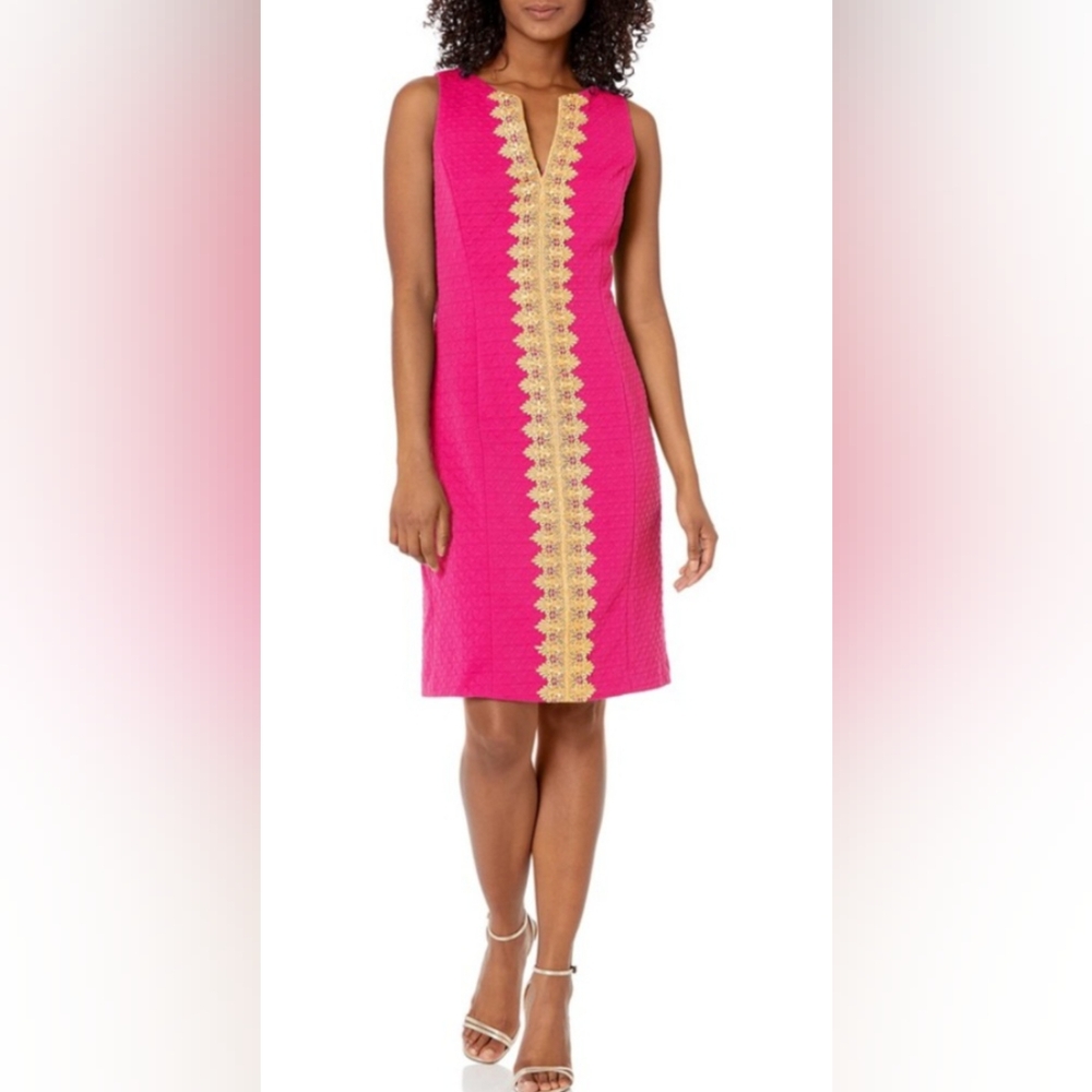 Pink Sheath Midi Dress with Embellished V- Neck Size 8